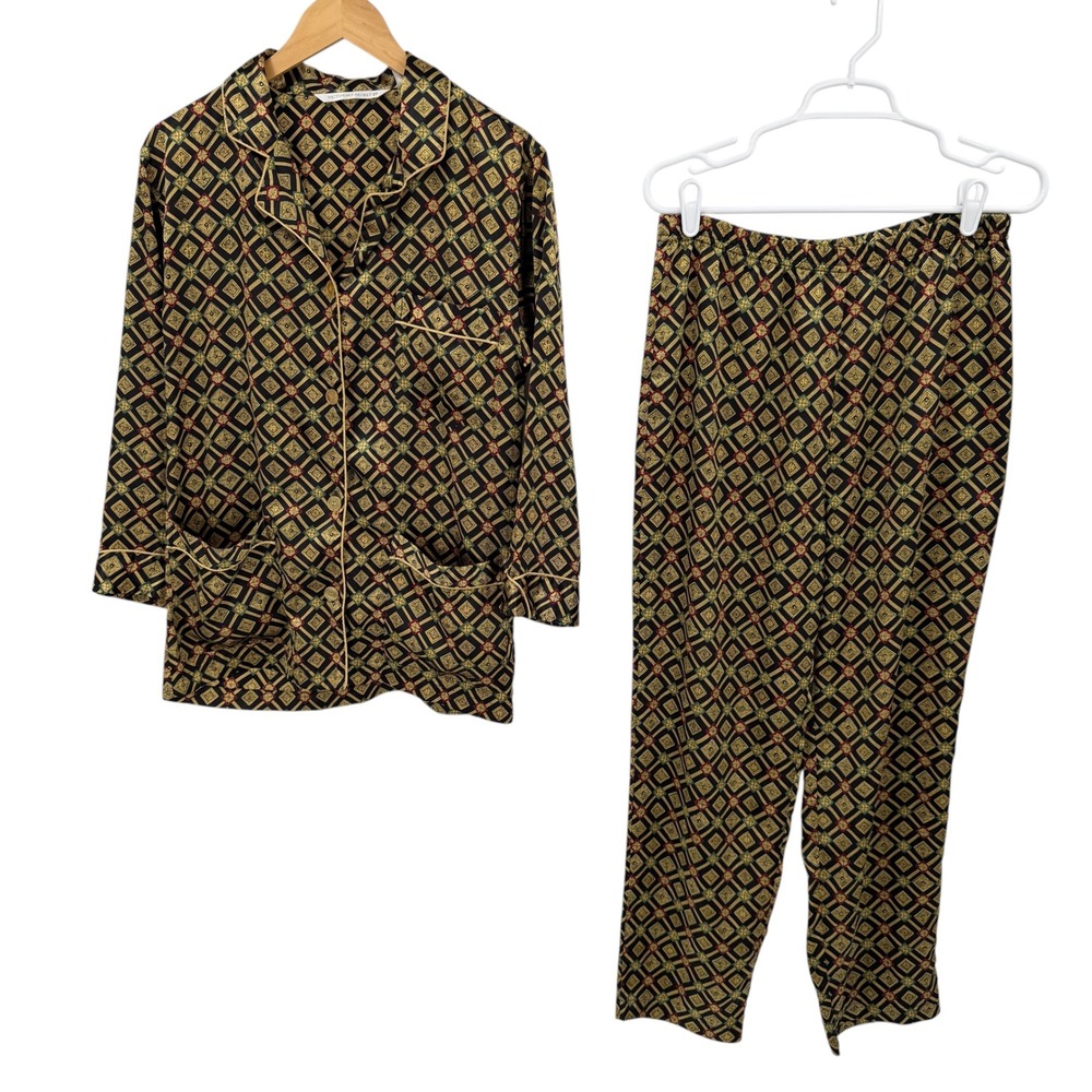 Victoria's Secret Pajama Set Women XS Black Gold Geometric Satin Sleepwear J37